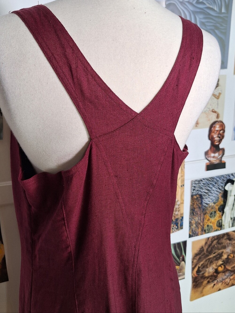 Vintage 90s Button Front 100% Linen Minimalist Maxi Dress M Whimsigoth Burgundy - Picture 5 of 7